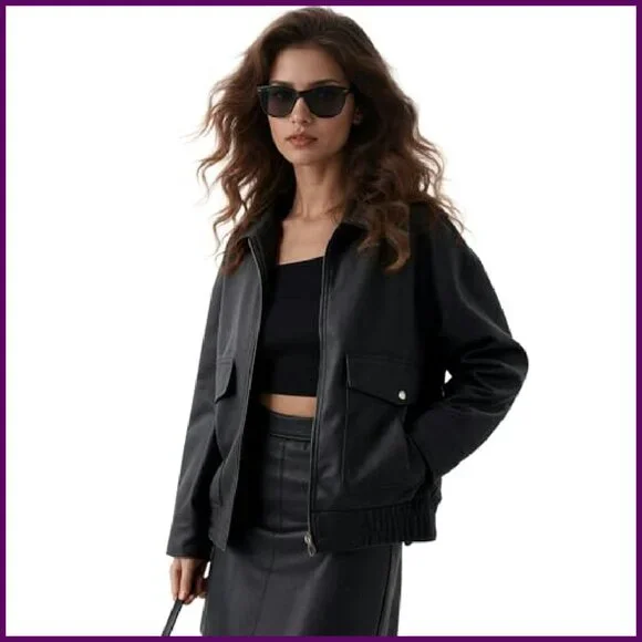 Oversized Faux Leather Motorcycle Jacket Women's Bomber with Pockets